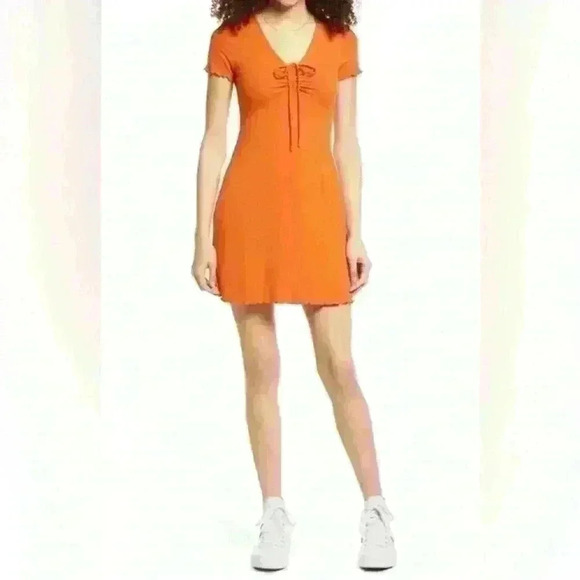 BP. Tie Front Lettuce Edge Rib Dress in Rust Amber - Size 2X (NWT) - Picture 2 of 2